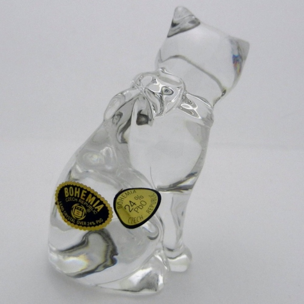 Vintage Bohemia Czech Republic Crystal Cat Figurine With Original Stickers